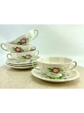 Vintage Royal Doulton soup set, 1950s Malvern footed cream soup bowls & saucers